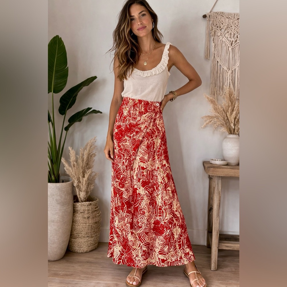 Nygard Collection 100% Silk Wrap Maxi Skirt Red Cream Print Size 8